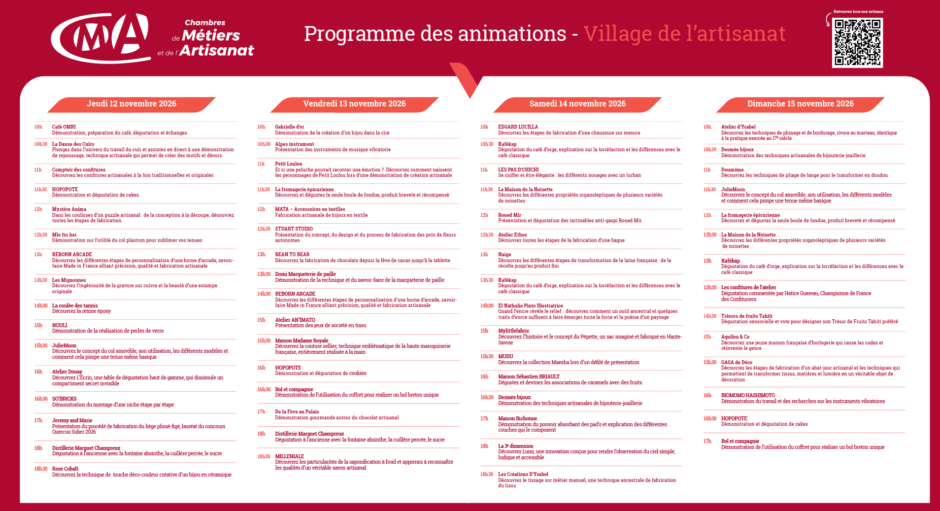 Programme des animations 2027 sur le Village de l'Artisanat