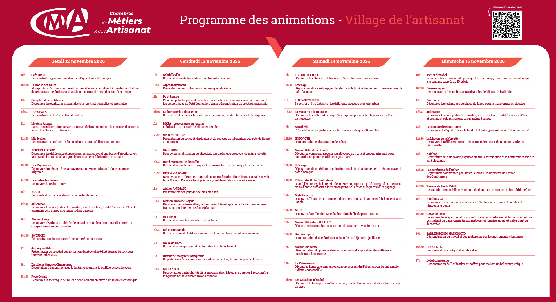 Programme des animations 2026 du Village de l'Artisanat