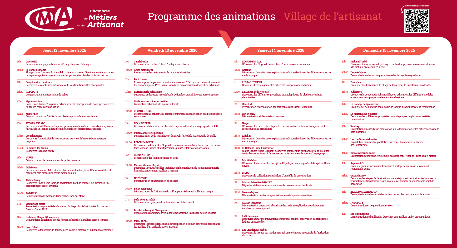Programme des animations du Village de l'artisanat 2026